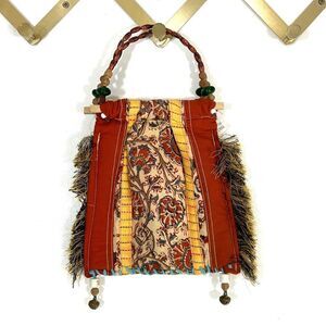 New Boho Handbag Fabric Beaded Fringe Bells Embroidered Purse Artsy Festival nwt